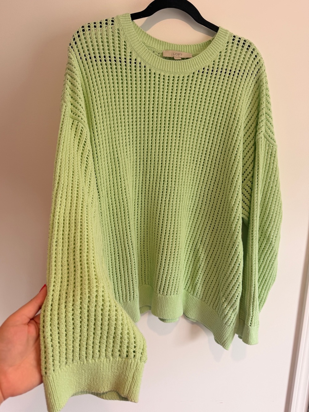 LOFT Light Green Open-Knit Crewneck Sweater